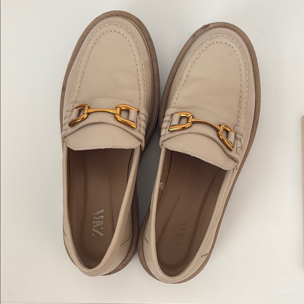 Zara Beige Loafers with Gold Buckle